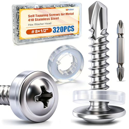 weideer 320pcs #8×1/2" Self Tapping Screws for Metal, 410 Stainless Steel Metal Screw, Truss Head Sheet Metal Screws with Washer, Screwdriver Bit K-158-W-13mm - size: SV 320PCS ＃8×1/2"