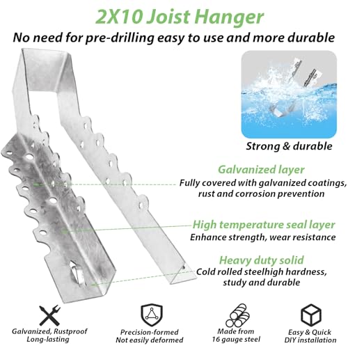 20PCS 2x10 Joist Hanger, 18 Gauge Galvanizing Face Mount Joist Hangers, Hurricane Ties for Rafters Tie Brackets Great for Floor Deck, Ceiling Joists, Wood, Roofs
