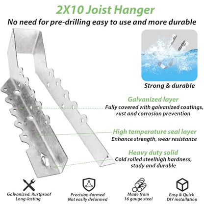 20PCS 2x10 Joist Hanger, 18 Gauge Galvanizing Face Mount Joist Hangers, Hurricane Ties for Rafters Tie Brackets Great for Floor Deck, Ceiling Joists, Wood, Roofs