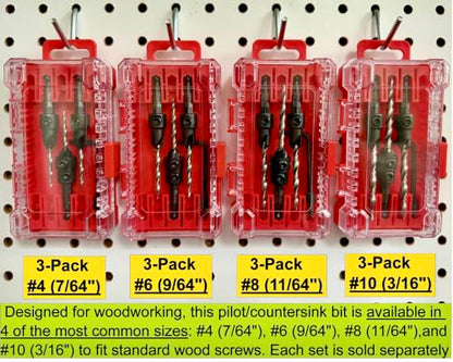 FTG USA 3-Pk #4 (7/64") Countersink Drill Bit Set, 1 Stop, 1 Wrench & Case - size: #4, style: 3 Pc with Depth Stop and Case