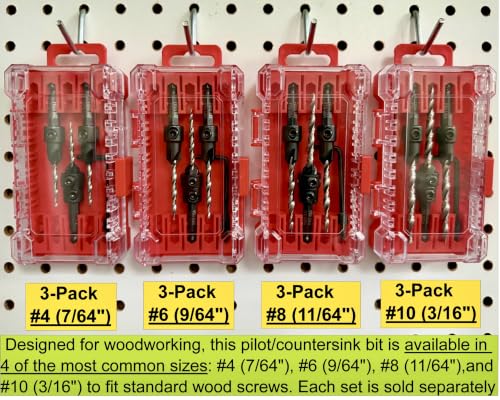 FTG USA 3-Pk #6 (9/64") Countersink Drill Bit Set, 1 Stop, 1 Wrench & Case - size: #6, style: 3 Pc with Depth Stop and Case