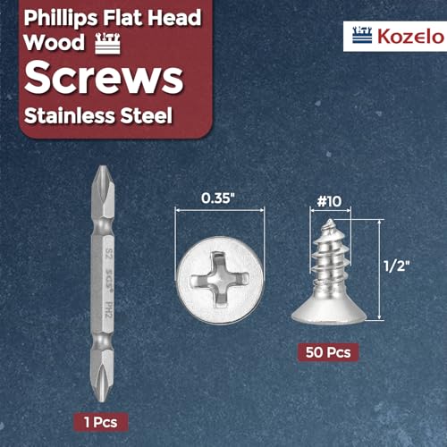 51pcs Phillips Wood Screws W/Screwdriver Bit #10x1/2 304 SS Silver - color: Silver, size: #10x1/2"