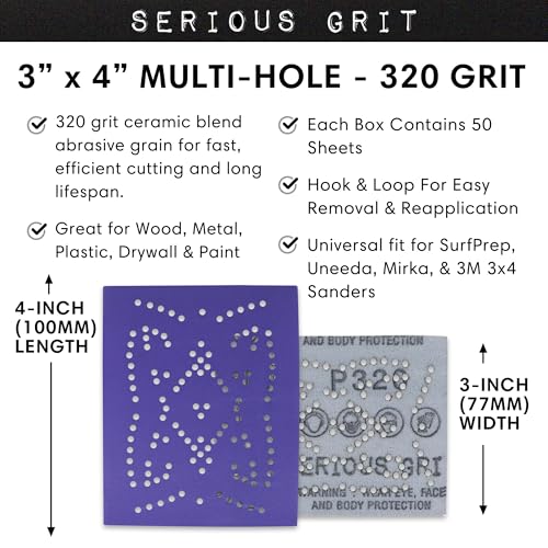 Serious Grit - 3x4 P320 Grit Ceramic Multi-Hole Sanding Sheets - 50 Pack - style: 320 Grit