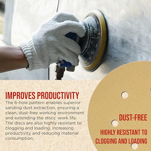 ProductionShop Premium 150 Grit 6" Gold Sanding Discs, 6-Hole Pattern, Box of 100 - Dustless Hook & Loop Backing Sandpaper for DA & Random Orbital Sanders, Sand Auto Paint, Wood Woodworking Furniture