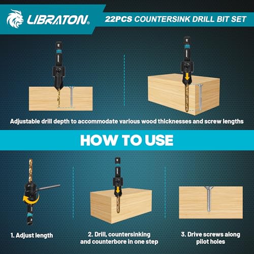 LIBRATON Countersink Drill Bit Set, 22 PCS Wood Counter Sink Drill Bit