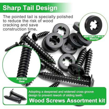 Twidec/1510PCS Black Wood Screws M2 M3 M4#8#10 Truss Head＆Pan Head Screws - size: 1510PCS