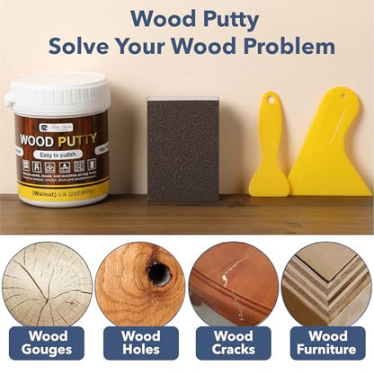Bates- Wood Filler Putty Repair Kit, 32 Ounce, 2 Scrapers, 1 Sanding Block, 1 Pair of Gloves, Walnut Wood Putty Filler Paintable & Stainable for Cracks, Holes and Defects in Wooden Furniture