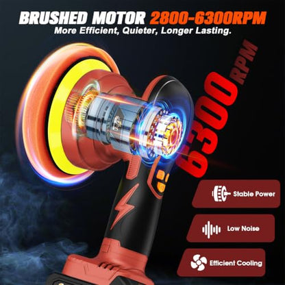 Cordless Dual Action Car Buffer Polisher, 8-Speed, 2*21V Batteries - color: Red