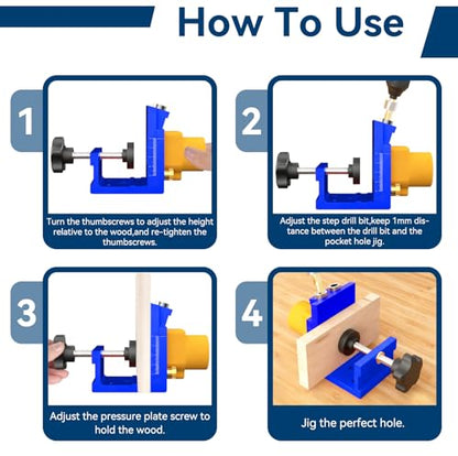 Pocket Hole Jig Kit with Detachable Vacuum Adapter, Professional Aluminum Pocket Hole Jig System Inclined Hole Drilling Positioner Woodworking Oblique Punch Locator Fixture (Blue)