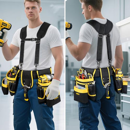 LEFOR·Z Tool Belt with Suspenders,27-Pockets Heavy Duty Tool Belts for Men - color: Black/Yellow