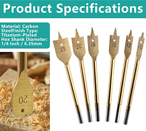 6pcs Spade Drill Bit Set for Wood, Titanium Paddle Drill Bits Wood Hole Cutter Flat Circular Drill Bit, Hole Drilling Bit Set for PVC Fiberglass Plastic (10mm to 25mm)
