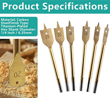 6pcs Spade Drill Bit Set for Wood, Titanium Paddle Drill Bits Wood Hole Cutter Flat Circular Drill Bit, Hole Drilling Bit Set for PVC Fiberglass Plastic (10mm to 25mm)