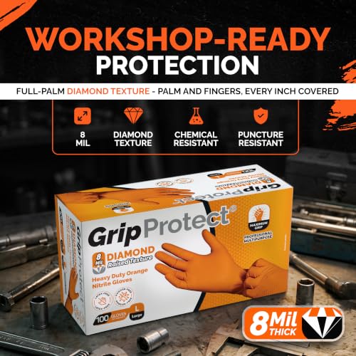 GripProtect 8 Mil Nitrile Gloves – Chemical Resistant, Diamond-Raised Textured Gloves, Orange Heavy Duty Disposable Gloves - size: M