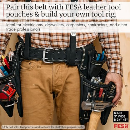 FESA Men's Leather Tool Belt - Handcrafted Top Grain Leather Tool Pouch Belt for Carpenters & Other Trade Professionals - color: Black - 3" Wide - L