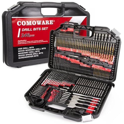 COMOWARE 246 Pcs Drill Bit Set with Case for Wood, Metal, Masonry, Cement and Screwdriver Bits - color: 246 Pcs-Red