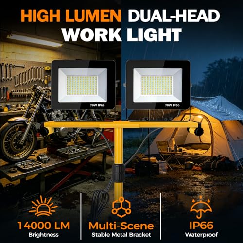 LED Work Lights with Stand, 14000 Lumen, 2-Head Adjustable Work Light