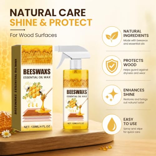2026 New Beeswax Wood Polish Spray – Natural Beeswax Furniture Polish & Wood Cleaner for Cabinets, Tables & Floors, Multi-Purpose Wood Care Spray for Shine, Conditioning & Surface Protection, 8 fl oz