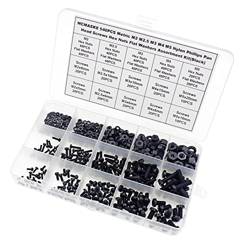540PCS M2-M5 Black Nylon Phillips Pan Head Screws Nuts Washers Kit - size: M2, M2.5, M3, M4, M5