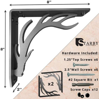 Starby Elk Lodge Antler Heavy Duty Steel Fireplace Mantel Brackets, Floating Shelf, Countertop Support, Log Cabin - Hand Welded (2 Pack) (8 x 8 x 2) - color: Elk Lodge, size: 8" x 8" x 2"