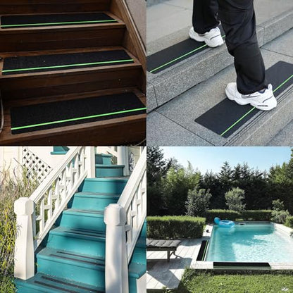 COSIMIXO 30" X 6"(10-Pack) Anti Slip Traction Treads with Glow in The Dark Stripe,Best Grip Tape Non Skid, Outdoor Anti-Skid Tape, High Traction Friction Abrasive Adhesive for Stairs Step - size: 30''x6''-10-pack