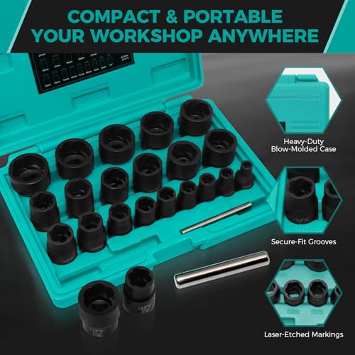22Pcs Bolt Extractor Set, 8-27mm, 1/2" & 3/8" Drive - size: 22 Piece
