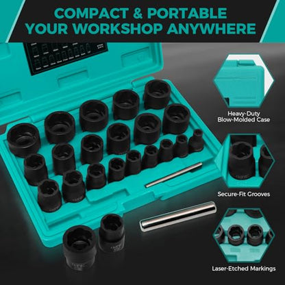 22Pcs Bolt Extractor Set, 8-27mm, 1/2" & 3/8" Drive - size: 22 Piece