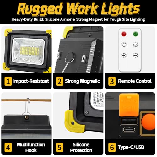 12000mAh Rechargeable LED Work Light, Magnetic Work Light 90H Long Lasting Remote Control Construction Lights IP65 Waterproof 4 Modes Job Site Lighting for Outdoor,Garage - size: work light