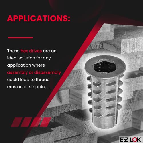 E-Z LOK Knife Threaded Insert for Soft Wood, Zinc Hex-Flanged Thread Inserts M6-1.0 Internal Threads, 20 mm Length Pack of 50