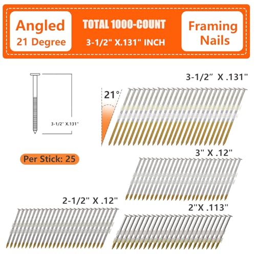 HDG 21 Degree Framing Nails Ring Shank 3-1/2" x .131" 1000 PCS - size: 3-1/2"-1000 PCS Ring