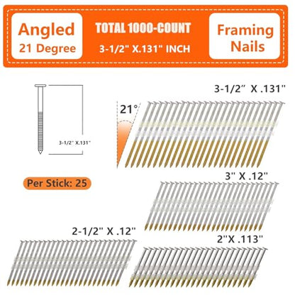 HDG 21 Degree Framing Nails Ring Shank 3-1/2" x .131" 1000 PCS - size: 3-1/2"-1000 PCS Ring