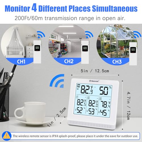 Geevon Indoor Outdoor Thermometer Wireless with 3 Remote Sensors, Digital Hygrometer Thermometer, Temperature Gauge Humidity Monitor with Backlight, 200FT/60M Transmission Range