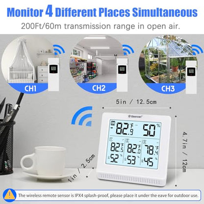 Geevon Indoor Outdoor Thermometer Wireless with 3 Remote Sensors, Digital Hygrometer Thermometer, Temperature Gauge Humidity Monitor with Backlight, 200FT/60M Transmission Range