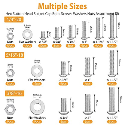VIGRUE 197PCS 1/4-20 5/16-18 3/8-16 Button Head Cap Screw, SAE 12 Sizes Hex Cap Bolts Flat Washers Nuts Assortment Kit Machine Screws Set, 304 Stainless Steel - size: 197PCS 1/4-20 5/16-18 3/8-16 Button Head