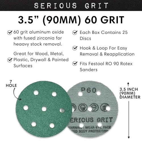 Serious Grit - 3.5" (90mm) 7-Hole P60 Grit Sanding Discs - 25 Pack Box - size: 60 Grit