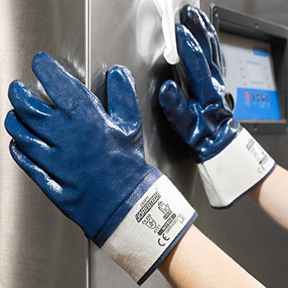 JORESTECH Safety Work Gloves, Blue Cotton Jersey with Full Nitrile Coating, EN 388 4111X, Chemical-Resistant, Heavy Duty - size: Large (Pack of 12)