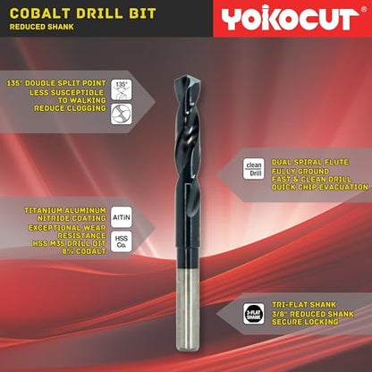 7/16 Inch Cobalt Drill Bit | Reduced Shank High Speed Steel | Drill Bit for Stainless Steel and Hardened Metal | HSS M35 Titanium Aluminum Nitride Coating with 1/2" Shank - size: 7/16 Inch