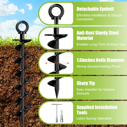 Eurmax USA 4-Pack Heavy Duty Removable Full Spiral Screw in Ground Anchors, Anti-Rust Earth Auger Screw Stakes with Drill Adapter & T-Handle Wrench for Trampoline, Canopy, Tent, Swing Set (Black) - color: Black, style: Round Head Pro
