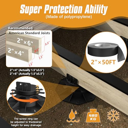 Deckit Deck Building Kit - 24 Adjustable Deck Supports, 600 Hidden Fasteners, 30 Starter Clips, 3 Rolls Joist Tape