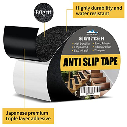 Grip Tape - Heavy Duty Anti Slip Tape, Grip Tape Grit Non Slip for Stairs Outdoor/Indoor, Waterproof High Traction Stairs Non Skid Treads, Durable Triple Layer Adhesive - Black (2 Inch x 36 Feet) - size: 2 Inch x 36 Feet
