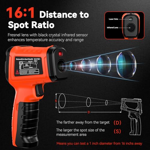 Infrared Thermometer Temperature Gun 1796°F 16:1 Laser - color: -58°F to 1796°F, Orange