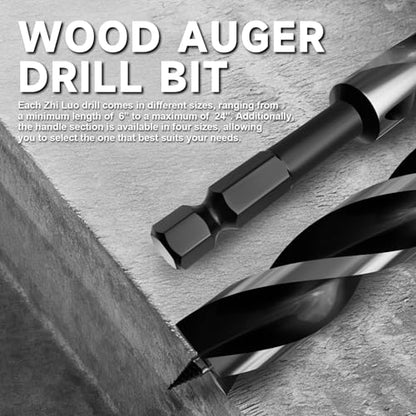 1-1/5"×24" Professional Auger Drill Bit for Wood with Quick Change 1/2" Hex Shank- 3-Cutter Design with Dual-Flute for Fast Chip Removal, Fits Hardwood, Softwood, PVC, Drywall & Tree Stumps - size: 1-1/5"×24"