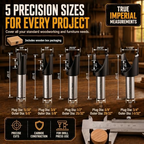 Landhoow 5 Pcs Wood Plug Cutters Set 3/4" 3/8" 1/2" 5/8" 11/32"