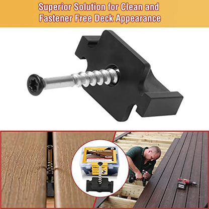 Hidden Deck Fasteners for Composite Decking Board, Universal Hidden Fasteners with Stainless Steel Screws, Composite Decking Clips for Wood Deck Framing, 90 Per Box for 50 SQ.FT. - color: Black, 90 Pack