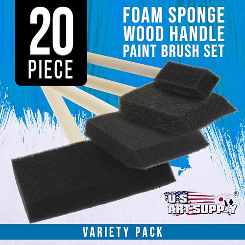 U.S. Art Supply Variety Foam Sponge Wood Handle Paint Brush Set, 20-Pack
