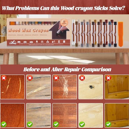 Wood Filler Sticks - 16 Colors Wood Repair Wax Crayons, Furniture Scratch Wax Stick Pen for Repairing Scratches, Scuffs, Cracks, and Holes on Wooden Floor, Cabinet, Laminate, Hardwood