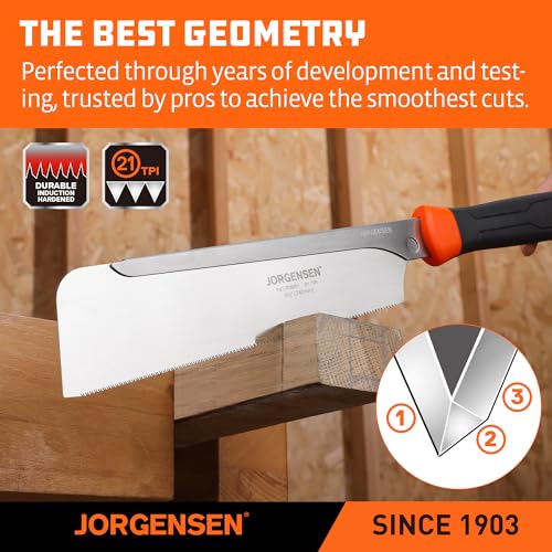 JORGENSEN Japanese Pull Saw, 9.5 Inch Pro Dovetail Saw with Rubber Handle, SK5 Steel Handsaw with Tool-less Quick Change Blade, 21TPI Fine Cross Cut Rip Cut Angle Cut Woodworking Tools