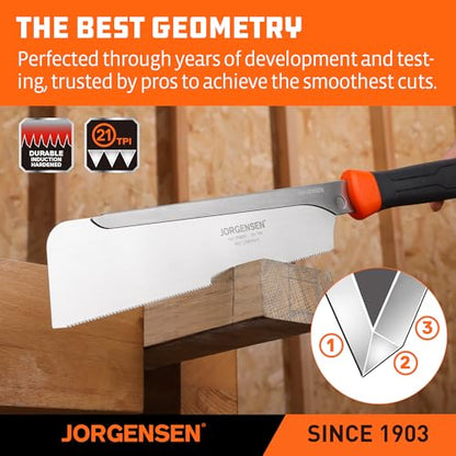 JORGENSEN Japanese Pull Saw, 9.5 Inch Pro Dovetail Saw with Rubber Handle, SK5 Steel Handsaw with Tool-less Quick Change Blade, 21TPI Fine Cross Cut Rip Cut Angle Cut Woodworking Tools