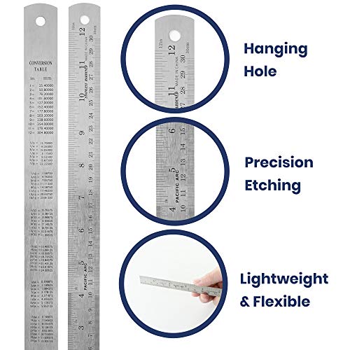 2 Pack Pacific Arc 12 Inch Stainless Steel Ruler with Inch/Metric Conversion Table - style: 2 Pack | 12 in