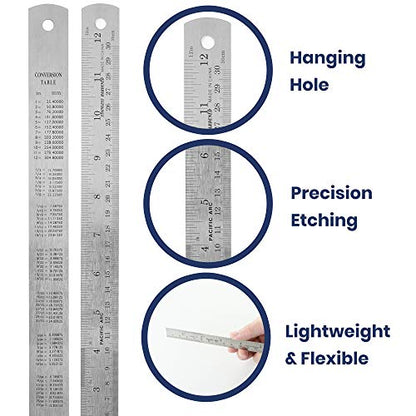 2 Pack Pacific Arc 12 Inch Stainless Steel Ruler with Inch/Metric Conversion Table - style: 2 Pack | 12 in