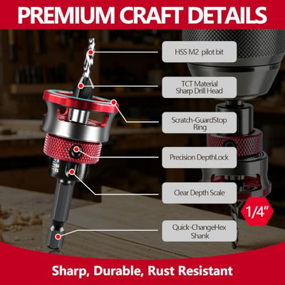 Countersink Drill Bit Set, 4PCS HSS Cutters and Depth Stop for Wood